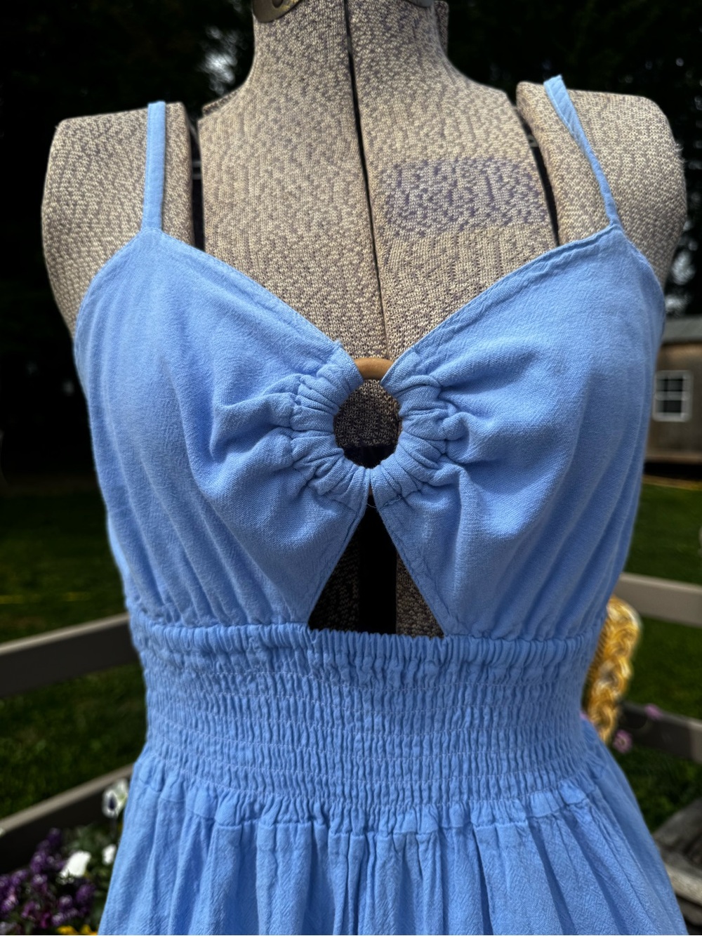 New Light Blue Smocked Maxi Dress with Tie Front - made in Peru - Picture 7 of 8
